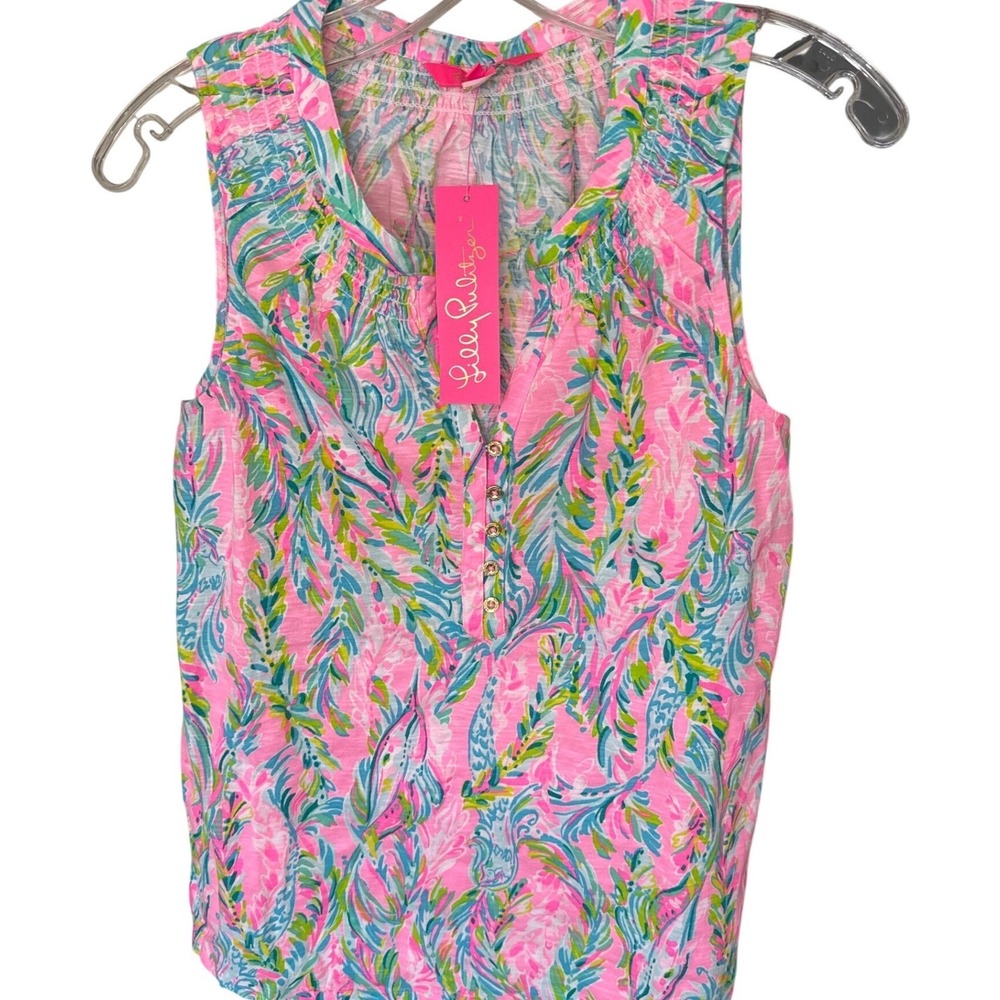 Lilly Pulitzer Essie Tank Top sleeveless cotton top smocked neckline‎ chic M NWT